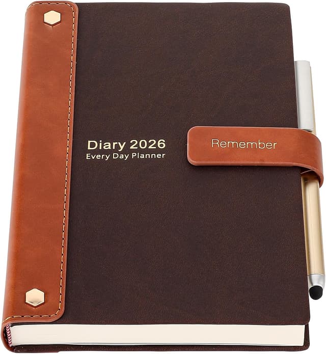 Detalle de Mljtoyo Diary 2026 A5, day-per-page planner (Jan–Dec 2026) with pen, stickers and 3 bookmarks
