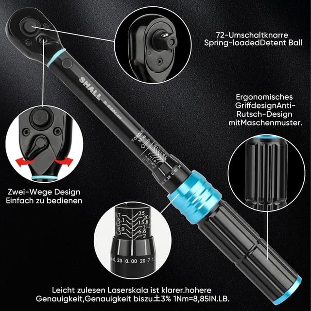 Detalle 2 de Set di chiavi dinamometriche Shall da 15 pezzi 1/4" (2–25 Nm), doppia direzione regolabile