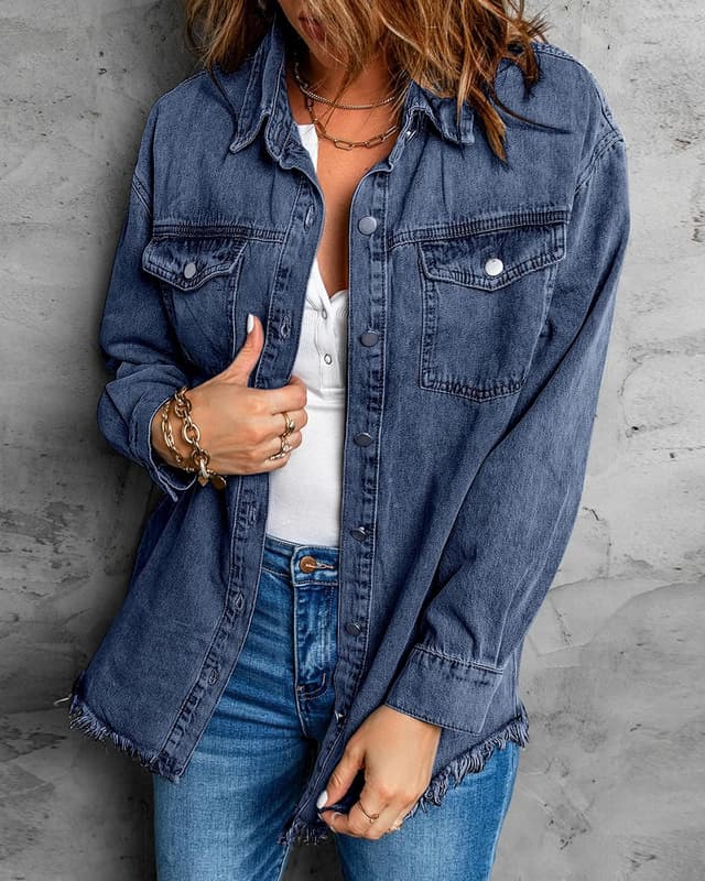 Thumbnail 3 de Vetinee Women’s Oversized Button-Up Frayed Hem Shacket Denim Jacket