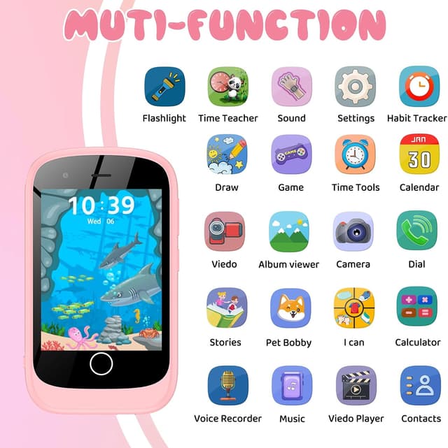 Detalle 2 de Téléphone enfant rose avec caméra, livres audio et 17 jeux