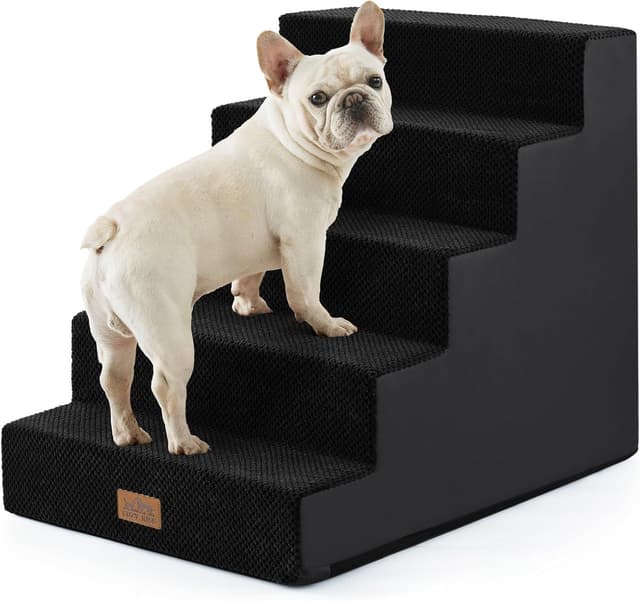 Detalle de COZY KISS wide dog stairs with 5 tiers (75x50x60cm) in black – non-slip pet steps for bed, sofa and car