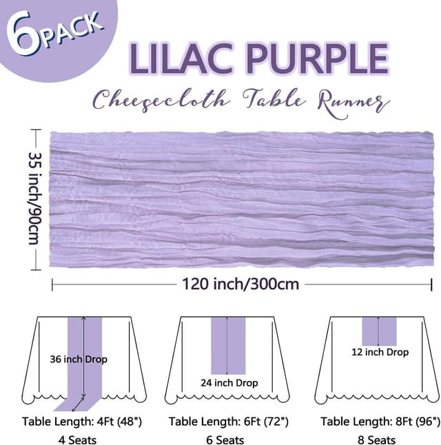 Detalle 2 de 6-Pack Lilac Purple Cheesecloth Table Runner (10Ft, 35x120 in) for Easter, Spring, and Boho Decor