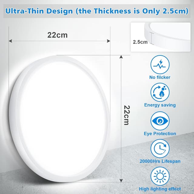 Detalle de Defurhome Bathroom Ceiling Light Ø22CM 18W 1500LM, 5000K IP54 (Flush, Dome, White)