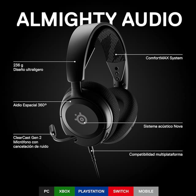Detalle 2 de SteelSeries Arctis Nova 1 🎧 Cascos Gaming con Audio 360° Multisistema