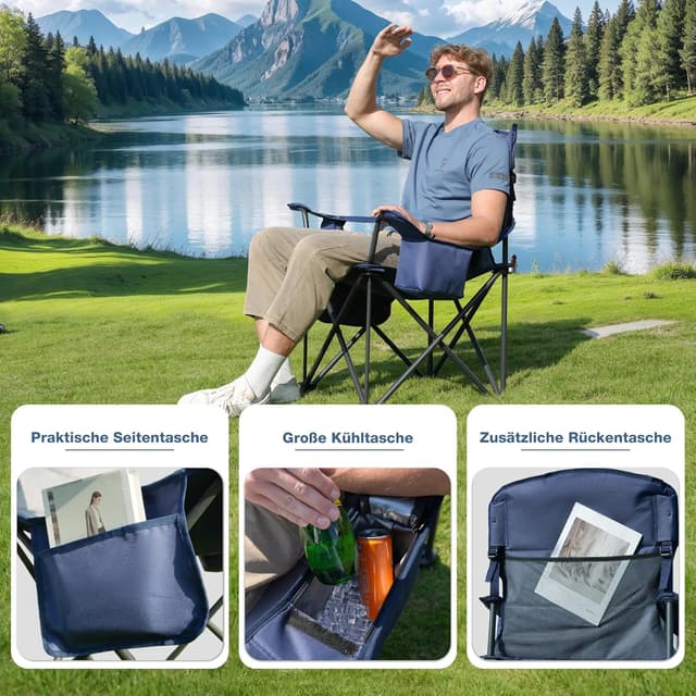 Thumbnail 3 de RELAX FIELD Campingstuhl faltbar bis 200 kg mit hoher Rückenlehne, Getränkehalter und Kühltasche (blau)