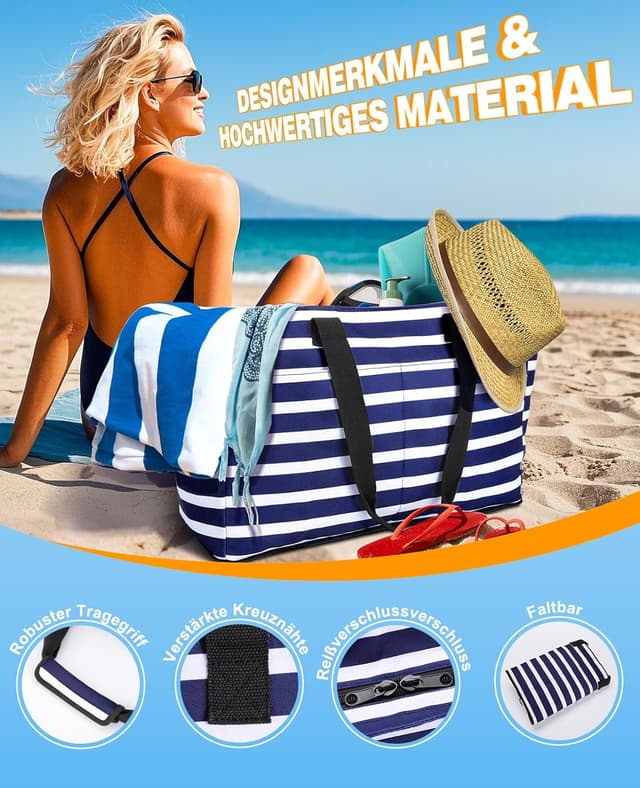 Thumbnail 6 de ISEYOU Strandtasche XXL Familie mit Kühltasche (49 L) – faltbare Badetasche wasserdicht & sanddicht mit Reißverschluss