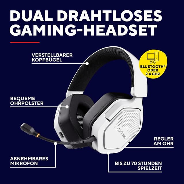 Detalle de Trust Gaming GXT 1493W Ravox Wireless Gaming Headset (Bluetooth + 2,4 GHz) mit Mikrofon, 50-mm-Treibern, bis zu 70 Std. Akkulaufzeit – Weiß