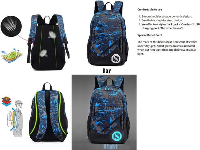 Detalle 2 de SellerFun Teenage Unisex Graffiti School Backpack with Fluorescent Mark, 20L (USB option, 14-inch laptop pocket)