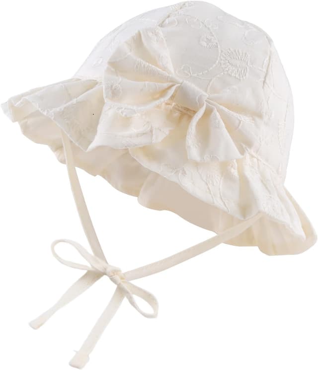 Detalle de XIAOHAWANG baby girl sun hat with embroidered flowers – cotton toddler bucket hat with chin strap