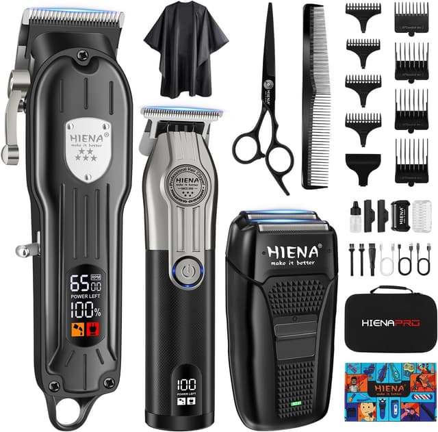 Detalle de HIENA PRO Professional Cordless Hair Clippers & Beard Trimmer Set with Foil Shaver (Home Hair Cutting Kit)