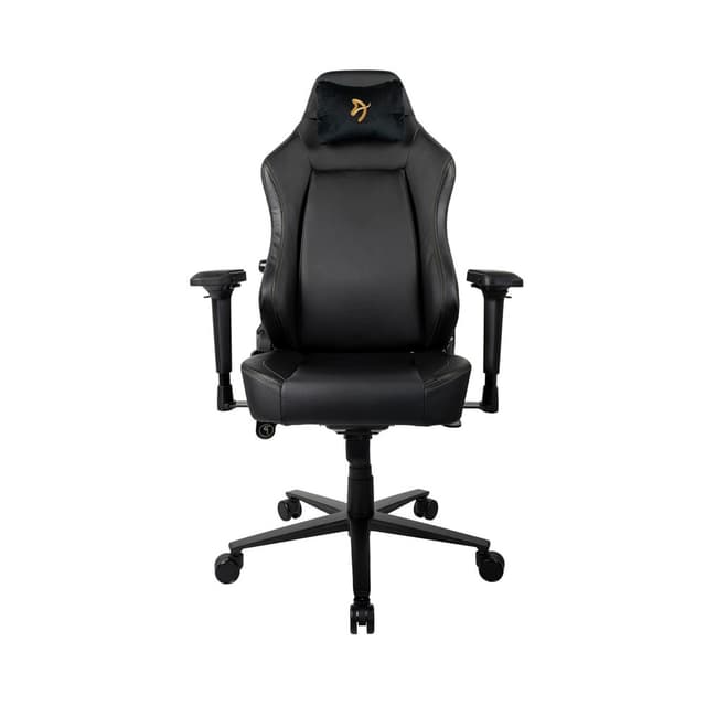 Detalle de Arozzi Primo Pu negra y logo dorado — silla gaming