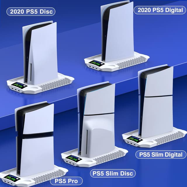 Detalle 2 de HEYLICOOL PS5/PS5 Pro/PS5 Slim Stand Accessories with 3-Level Cooling Fan, Dual Controller Charging & USB Hubs (13 game storage)