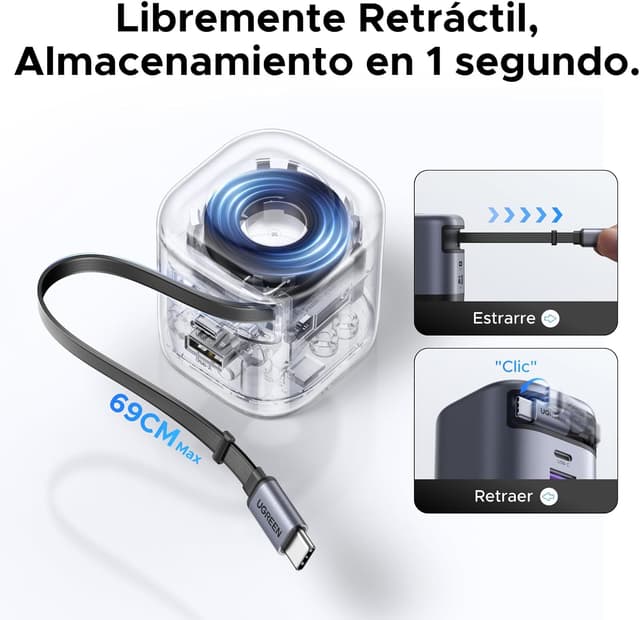 Detalle de UGREEN Cargador USB-C GAN 45W 3 en 1 con Cable 🔌