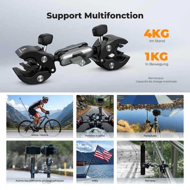 Detalle de K&F CONCEPT Double pince super serrage avec tête sphérique 360° – support universel pour guidon, perche et trépied