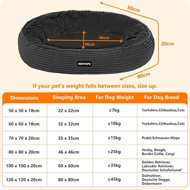 Detalle de HMTOPE Hundebett Mittelgroße Hunde & Katzen, rundes Donut-Kissen Ø 80 cm, dunkelgrau – waschbar und rutschfest