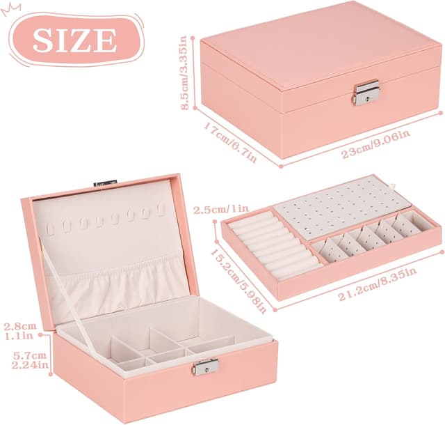 Detalle 2 de Larkumio organizador de joyas grande de doble capa para mujer y niña (rosado) con cerradura y llave