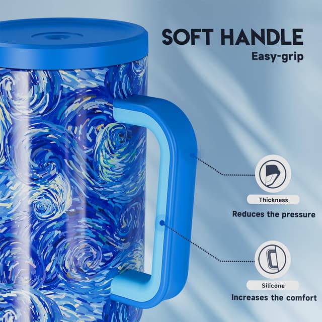 Detalle 2 de Meoky 40 oz Tumbler with Handle and Straw (Van Gogh) — Insulated, Leakproof Cup for Car Holders