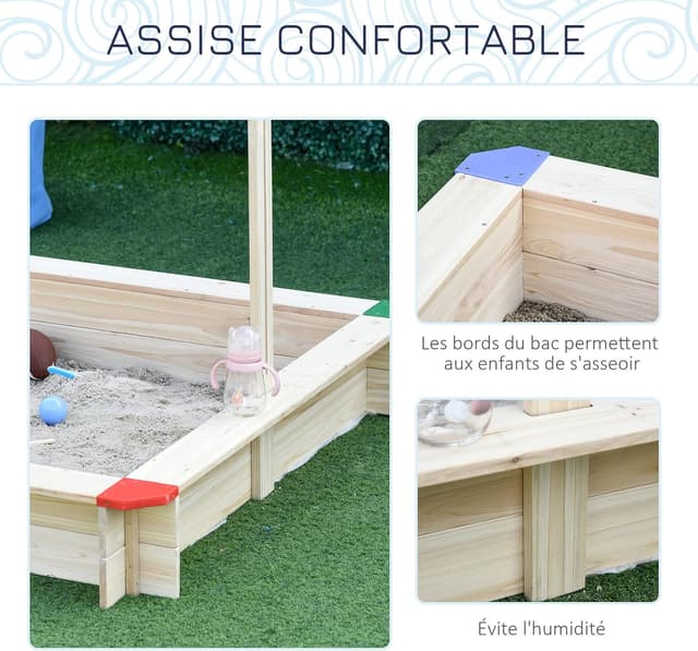 Detalle de Outsunny Bac à sable en bois carré avec couvercle et toit réglable 1,2 m (1,2L x 1,2l x 1,2H)