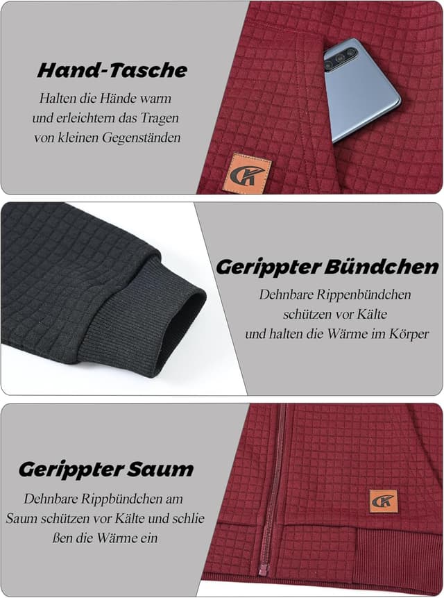 Detalle de Tyhengta Herren Kapuzenpullover mit Reißverschluss – Sport-Sweatjacke mit Taschen