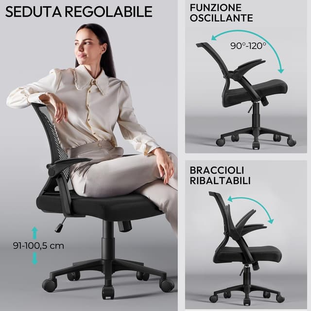 Detalle de Yaheetech sedia da ufficio ergonomica con schienale in rete, lombare e braccioli ribaltabili (a ruote) nero