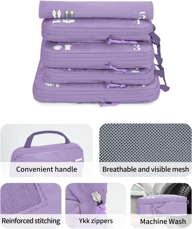 Detalle 2 de ECOHUB 5-teiliger Kompressions-Koffer-Organizer im Set (Kompression Packing Cubes) – Hell Violett