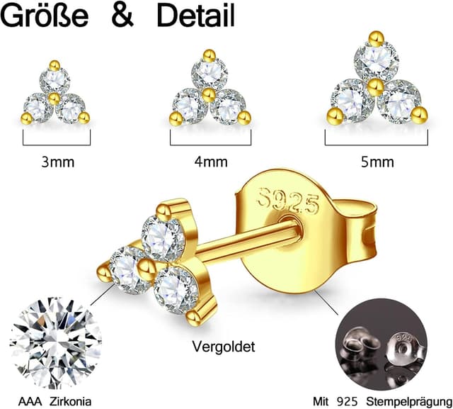 Detalle 2 de MASOP Ohrstecker Silber Gold Rosegold Set (Silber 925, Zirkonia) – 3 Paar mit 3 / 4 / 5 mm