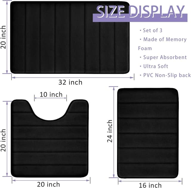 Detalle de RUN HELIX 3-Piece Memory Foam Bathroom Rug Set (Non-Slip, Washable) — Black