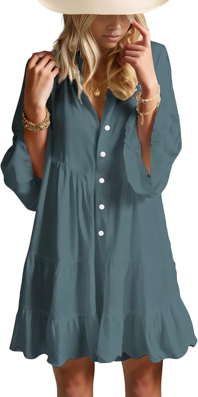 Thumbnail 6 de Opemiby 2026 Flowey Ruffle Babydoll Mini Dress for Women (V-Neck, Tiered Hem, 3/4 Bell Sleeves)