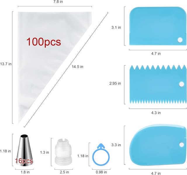 Detalle de Piping Bags and Tips Set (100 Disposable 12-Inch Pastry Bags, 16 Stainless Steel Tips, 2 Couplers) with Scrapers & Bag Ties
