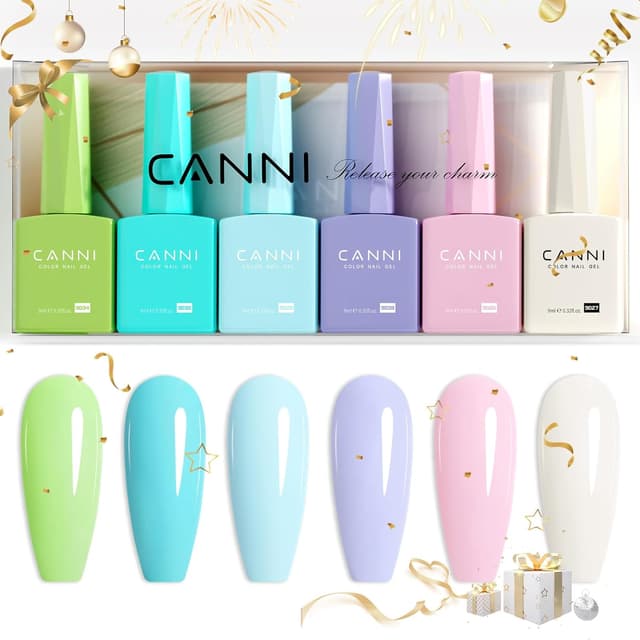 Detalle de CANNI 6Pcs 9ml Hema-Free Gel Nail Polish Set (Green, Blue, Purple, Pink, Milky White) — LED Soak-Off DIY Kit