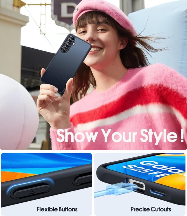 Detalle de JAME for Samsung S25 FE Case (2-Pack) with Screen Protector – Military-Grade Shockproof Cover, Black