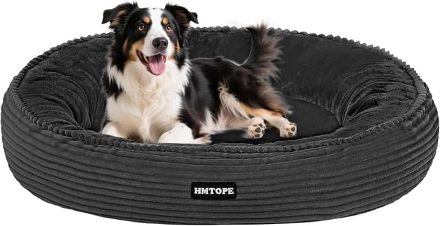 Detalle de HMTOPE Hundebett Mittelgroße Hunde & Katzen, rundes Donut-Kissen Ø 80 cm, dunkelgrau – waschbar und rutschfest