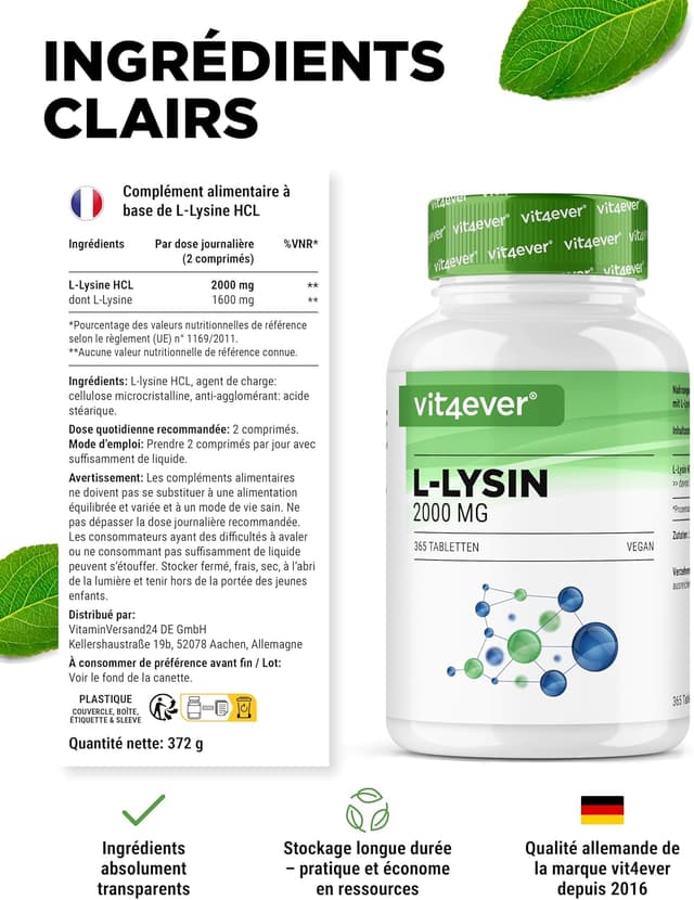 Detalle de L-Lysine HCL vit4ever – 365 comprimés, dose quotidienne de 2 000 mg
