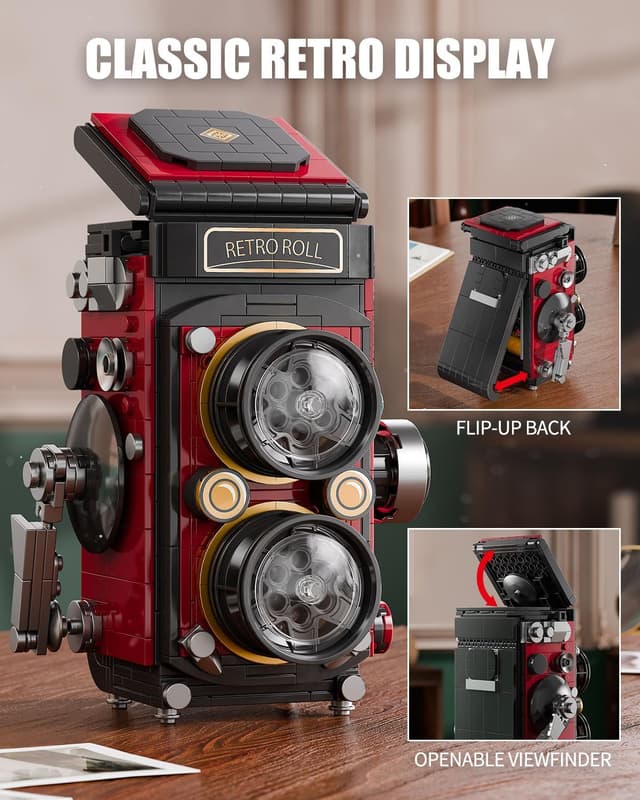 Detalle de TYCOLE set di costruzioni per fotocamera retrò vintage con luci LED e design reflex a doppia lente (719 pezzi)