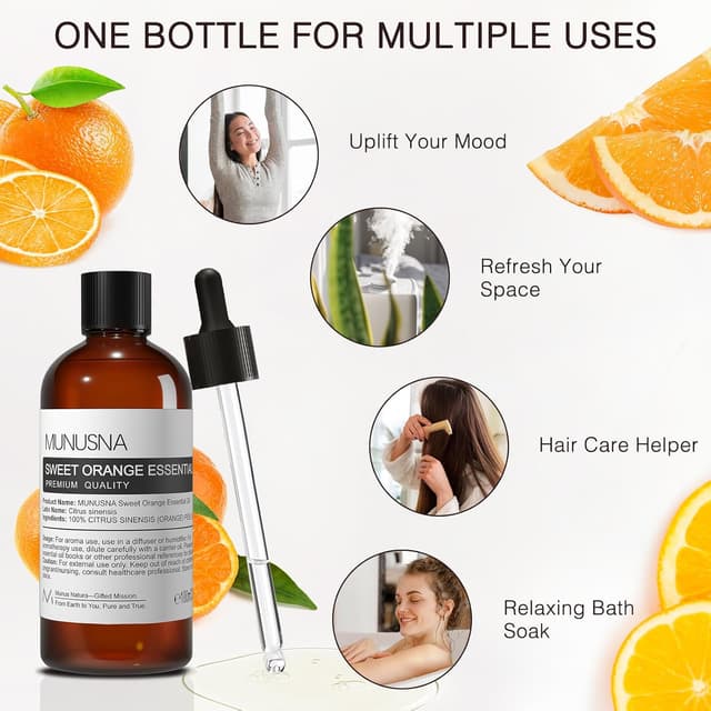 Detalle 2 de MUNUSNA Sweet Orange Essential Oil (100ml) – 100% pure cold-pressed orange for aromatherapy, diffusers & DIY