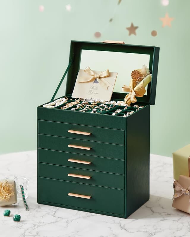 Detalle de SONGMICS Schmuckkästchen JBC171C01 mit 6 Ebenen, Glasdeckel und 5 Schubladen (waldgrün-golden)