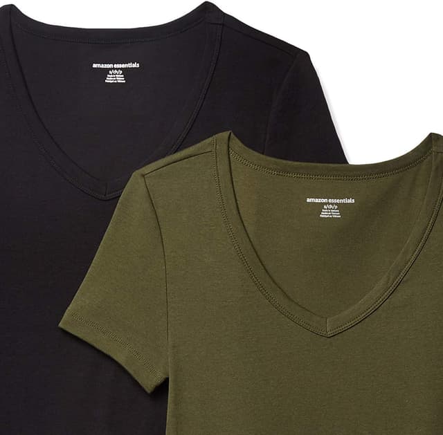 Detalle de Amazon Essentials T-shirt col en V manches courtes coupe ajustée femme, lot de 2