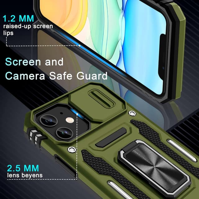 Detalle de DEERLAMN iPhone 11 Case with Sliding Camera Cover, Magnetic Ring Kickstand & Screen Protectors (Olive Green, 2-pack)