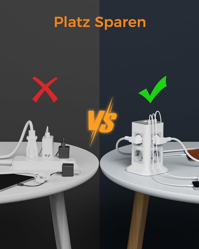 Detalle de TESSAN Mehrfachsteckdose mit 3 USB‑C und 8 AC-Steckdosen (2 m Verlängerungskabel) inkl. Überspannungsschutz – grau