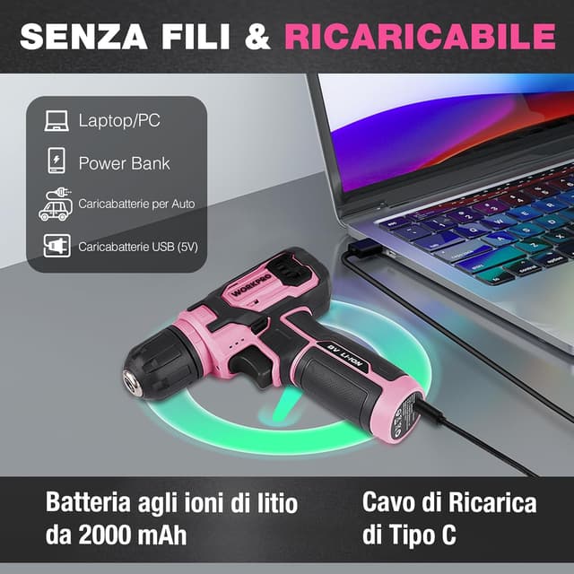 Detalle 2 de WORKPRO cacciavite elettrico a batteria 8V (21 accessori) con velocità variabile e LED rosa