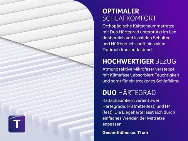 Detalle de Traumnacht Easy Comfort Duo Kaltschaummatratze 140x200 cm (H3 & H4) – 7-Zonen, atmungsaktiv, Öko-Tex