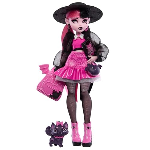 Detalle de Monster High Fabulosa Draculaura con mascota Count Fabulous (Mattel HRP64) muñeca articulada y set de moda con accesorios