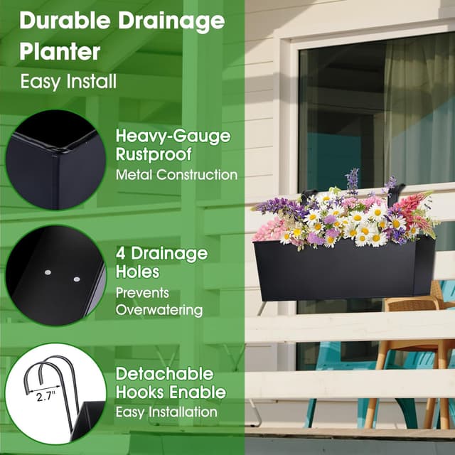 Detalle de OGIMA 41cm Railing Planter Box (3-pack) with adjustable wide hooks for 7cm railings