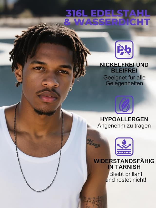 Detalle de Richsteel Herren Halskette ROLO aus Edelstahl – Rolokette in Silber/Schwarz/Gold, Breite 3/5/7/9/12 mm, Längen 46–76 cm