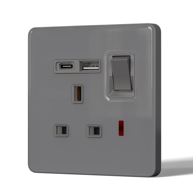 Detalle de BSEED plug socket with 20W USB-C fast charging (switched), 1-gang UK standard, grey glass panel