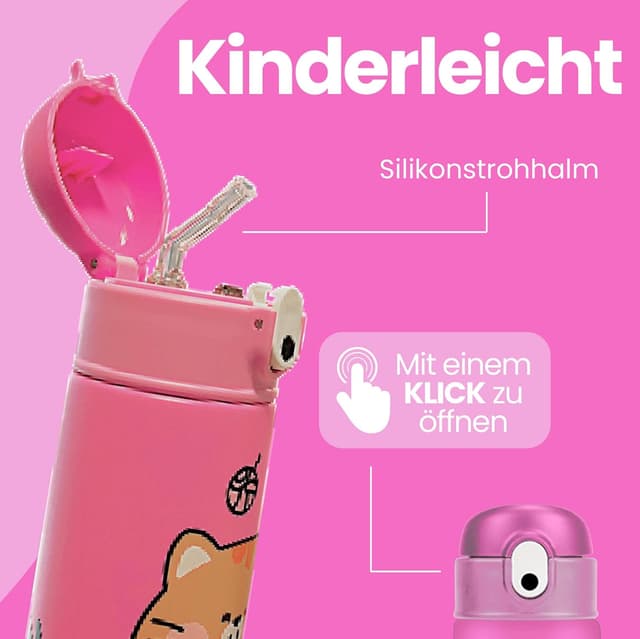 Detalle de Cartomania Trinkflasche aus Edelstahl 304, 460 ml – rosa mit Katze, BPA-frei