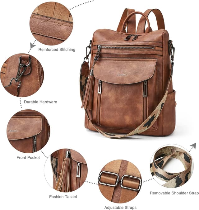 Detalle de Shrrie Damen-Rucksack mit veganem Leder, viele Fächer & 3 Tragevarianten – Vintage Dunkelgrün (31,8 x 12,7 x 33 cm)