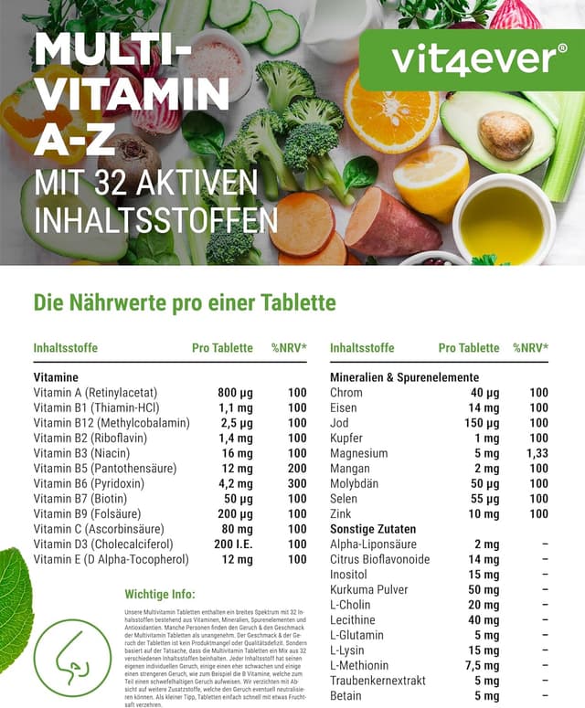 Detalle 2 de Multivitamin A-Z - 365 Tabletten (12 Monate) - 32 aktive Inhaltsstoffe - Kombination aus Mineralien + Aminosäuren + Spurenelementen + Pflanzenextrakten - Vegan - Hochdosiert
Multivitamin A-Z - 365 Tabletten (12 Monate) - 3…