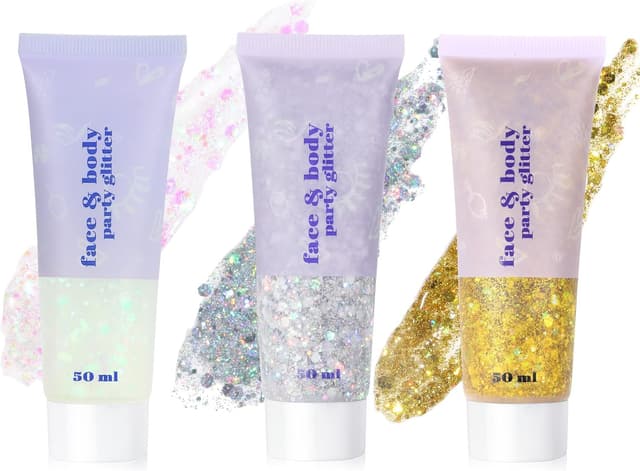 Detalle de URAQT Glitter Corpo, set da 3 gel glitter 50 ml (Bianco+Argento+Oro) per viso, unghie, occhi, labbra e corpo