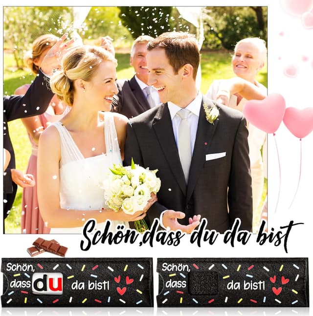 Detalle de Giftota 12er Set Filz-Geschenkhüllen „Schön dass du da bist“ (ohne Schokolade) für Gastgeschenke